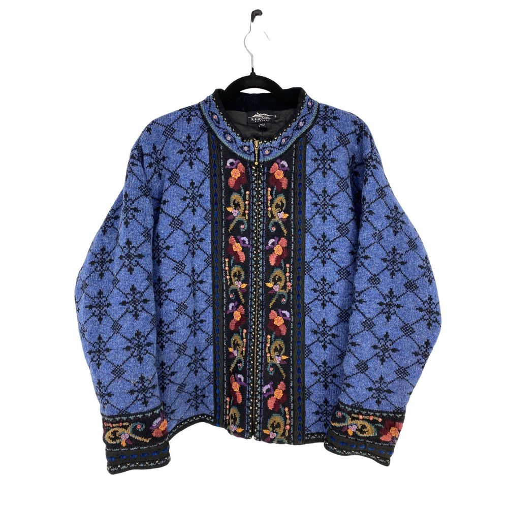 Vintage 1970 Icelandic Design Wool Embroidered Sweater Jacket Size XL